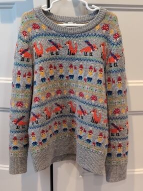 Crewcuts Gray Fair Isle Crewneck Sweater with Fox & Gnome Motifs
